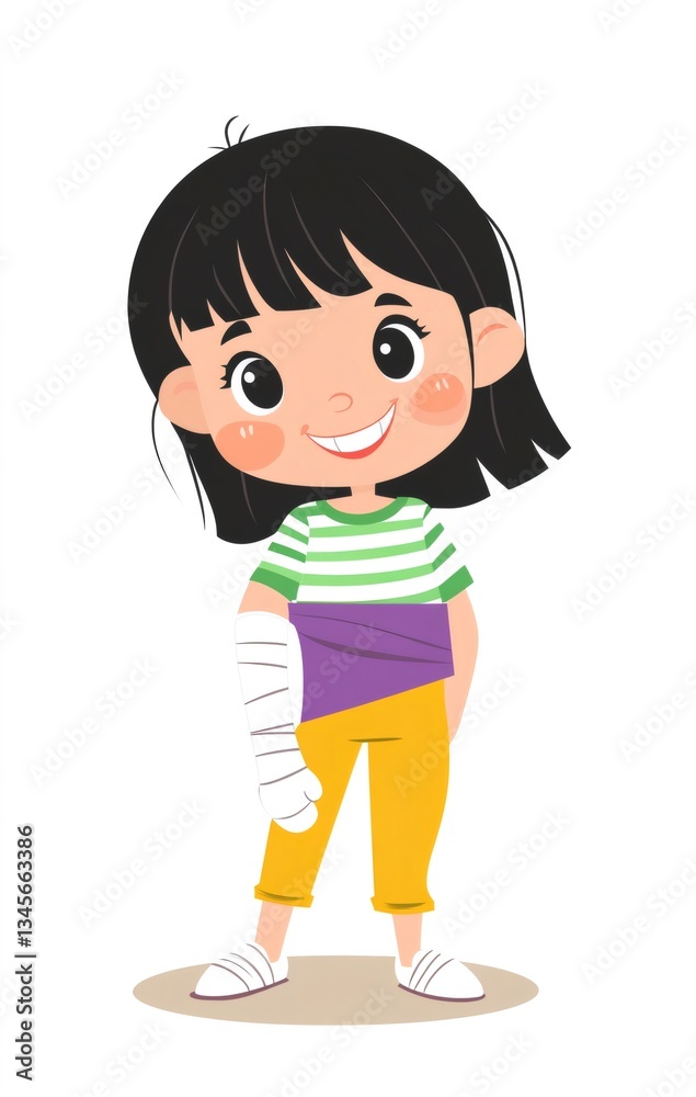 Smiling pediatric patient wearing arm cast, representing healing process and childhood strength during medical recovery Smiling pediatric patient wearing arm cast, representing healing process and childhood strength during medical recovery