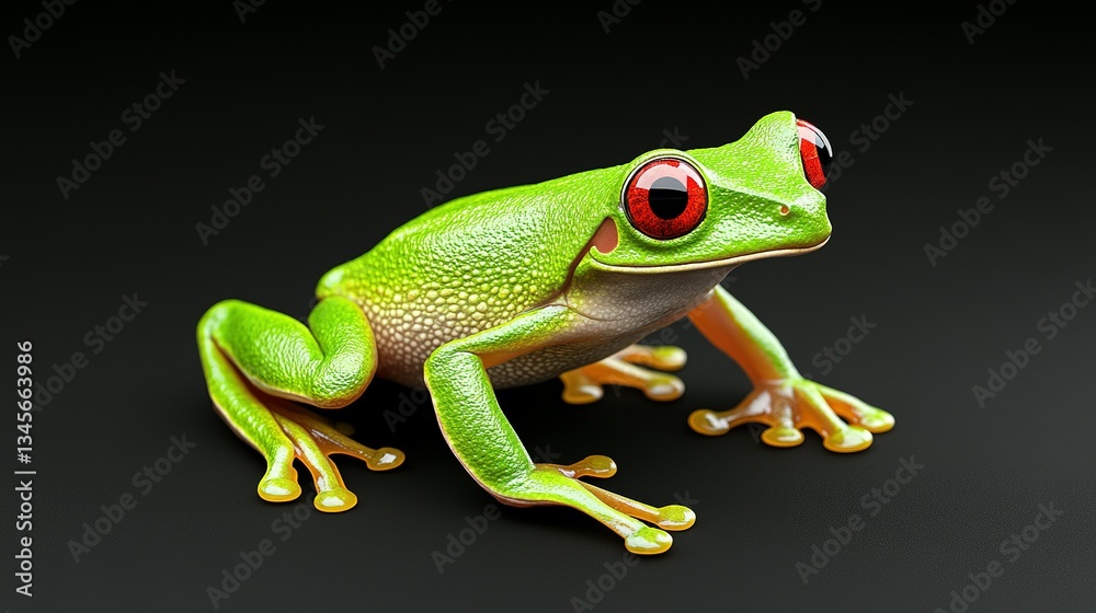 Fototapeta premium A vibrant green frog with bright red eyes sits on black