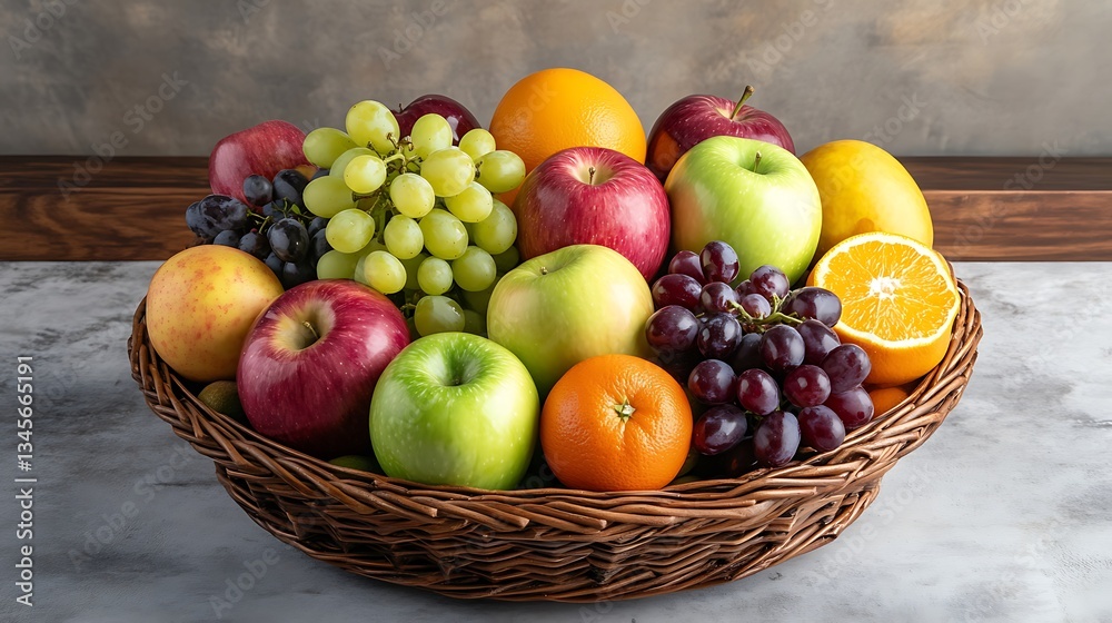 A Bountiful Fruit Basket: A Delightful Arrangement of Fresh Apples, Oranges, and Grapes A Bountiful Fruit Basket: A Delightful Arrangement of Fresh Apples, Oranges, and Grapes
