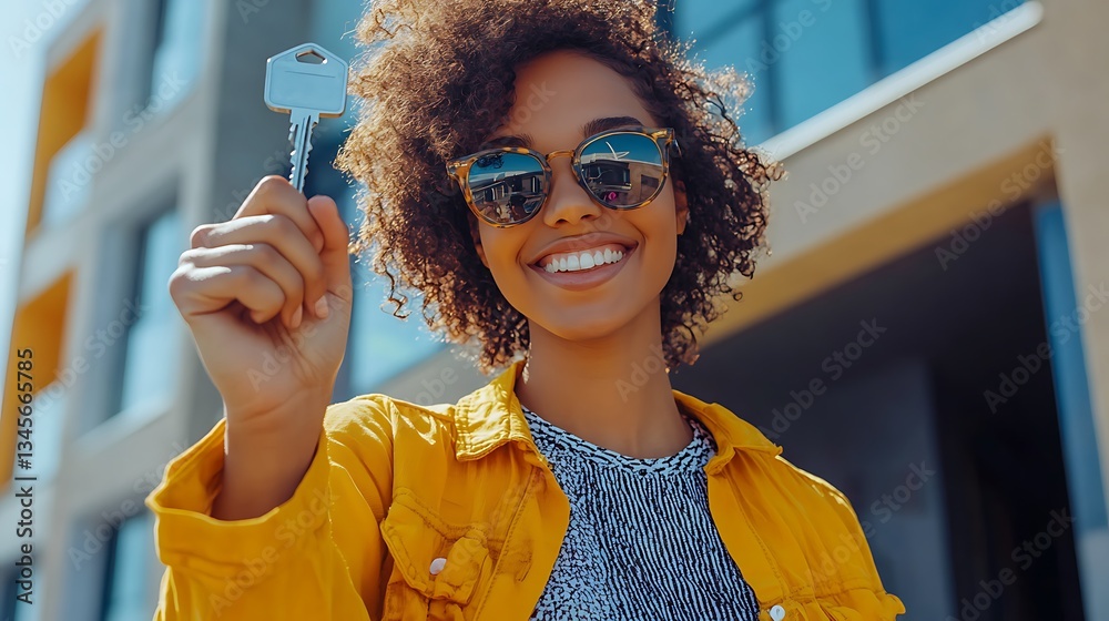 Naklejka premium A young professional celebrating their first home purchase, holding up a house key with pride, a modern apartment entrance visible behind them, vibrant and sharp details. --ar 16:9