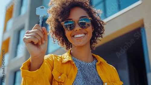 A young professional celebrating their first home purchase, holding up a house key with pride, a modern apartment entrance visible behind them, vibrant and sharp details. --ar 16:9