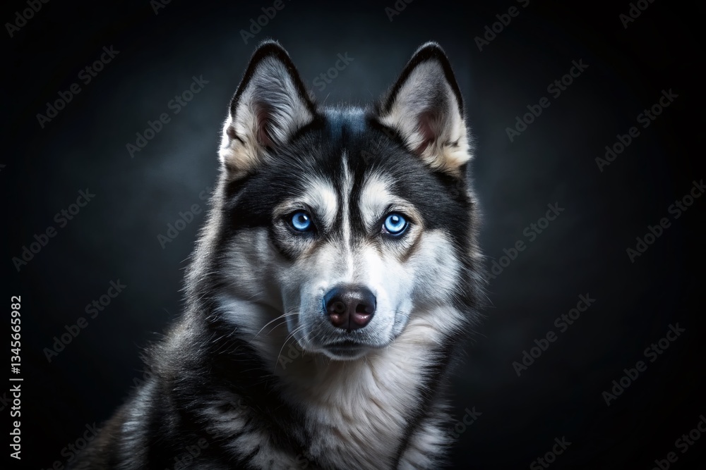 Obraz premium Majestic Black Siberian Husky with Striking Blue Eyes in Low Light