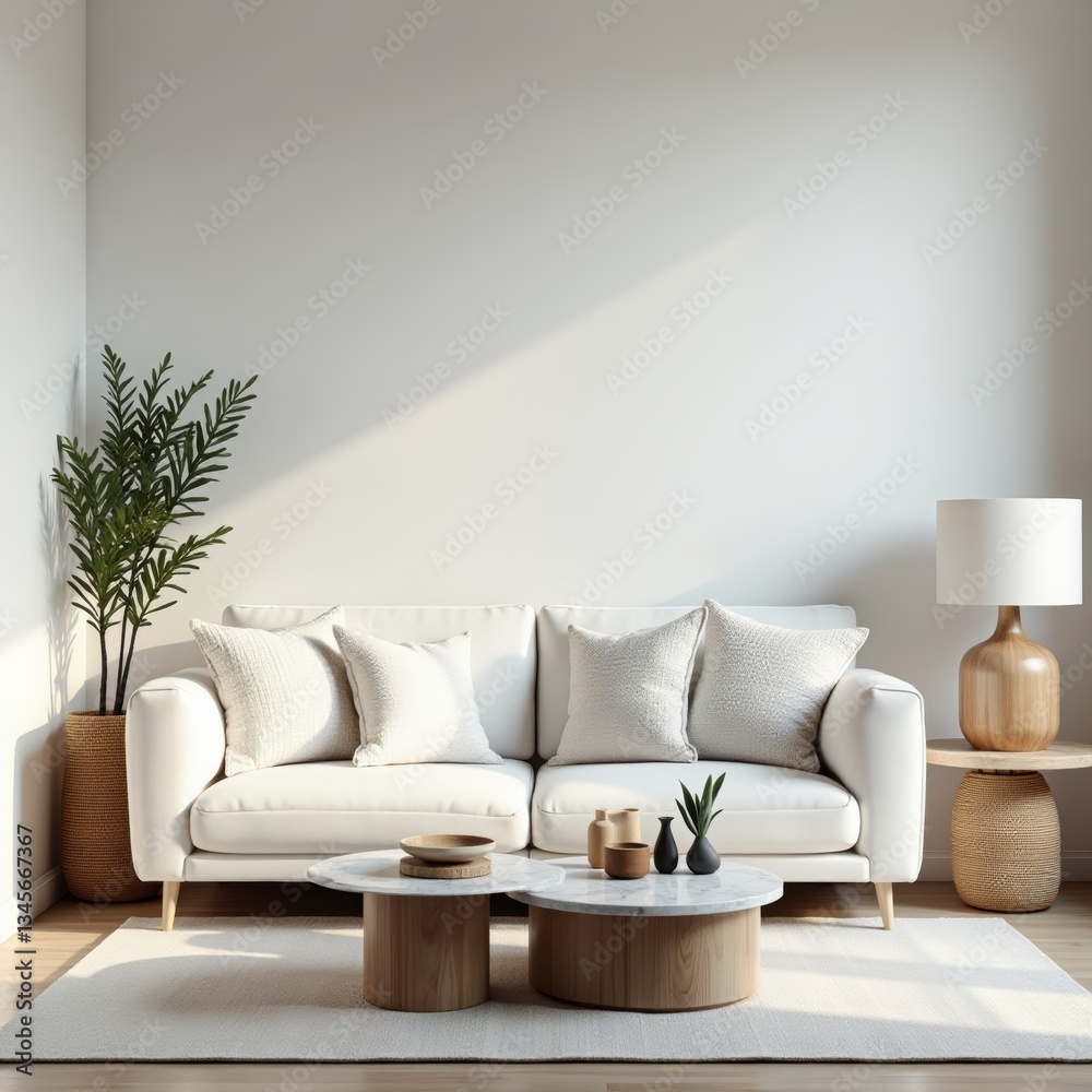 A serene living room with a white couch and wooden coffee table A serene living room with a white couch and wooden coffee table