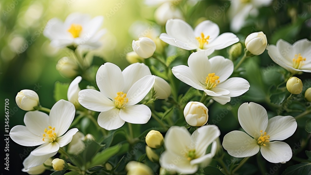 A close-up of delicate white flowers with soft,