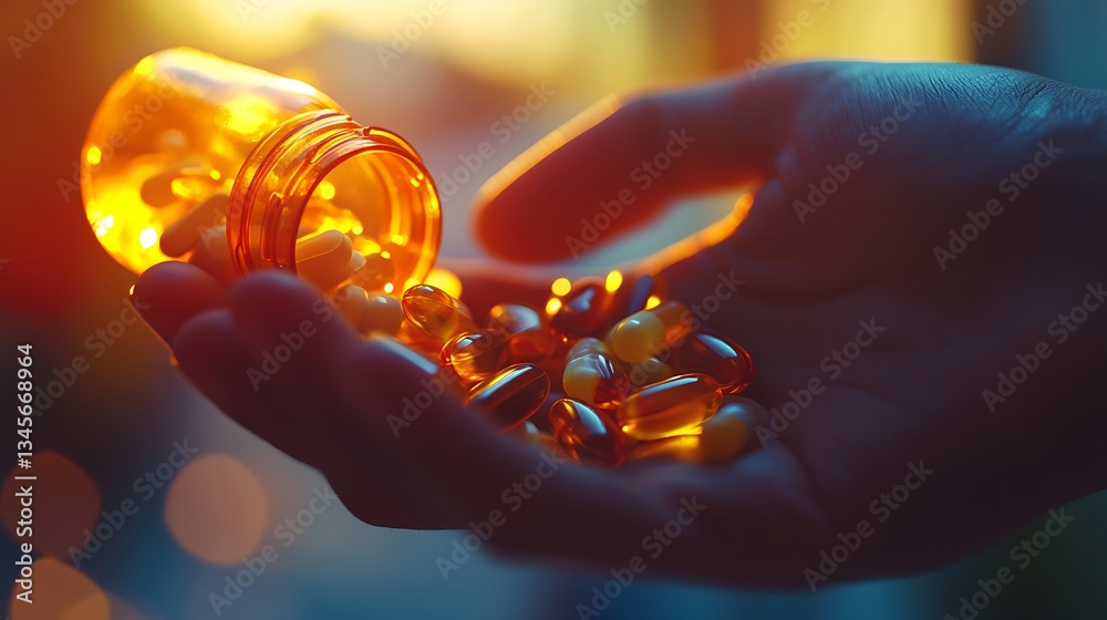 A hyper-realistic close-up of hands pouring assorted daily medication pills from a plastic prescription bottle into the palm, sharp macro textures, soft-focus hospital background, A hyper-realistic close-up of hands pouring assorted daily medication pills from a plastic prescription bottle into the palm, sharp macro textures, soft-focus hospital background,