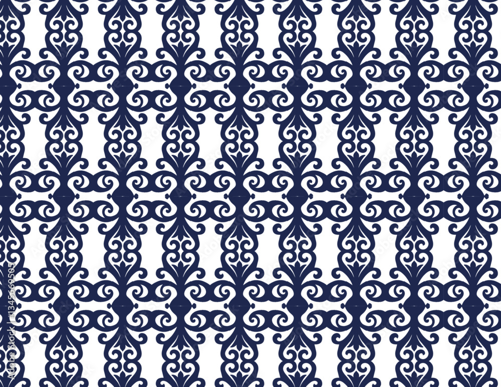 Fototapeta premium A symmetrical, repeating design of dark green swirls and floral motifs on a white backdrop.