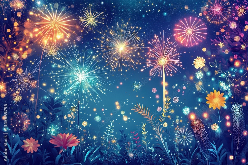 Fototapeta premium Magical Fireworks Night Scene Glowing Flowers & Sparkling Sky Illustration