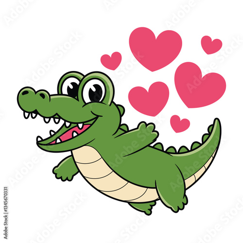 Cartoon Crocodile in Love – Cute Alligator with Hearts Illustration
