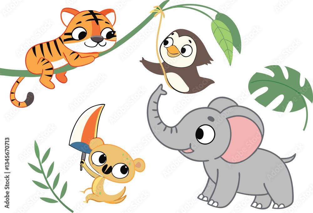 Fototapeta premium Cartoon animals including a tiger penguin elephant and koala in a jungle setting illustration