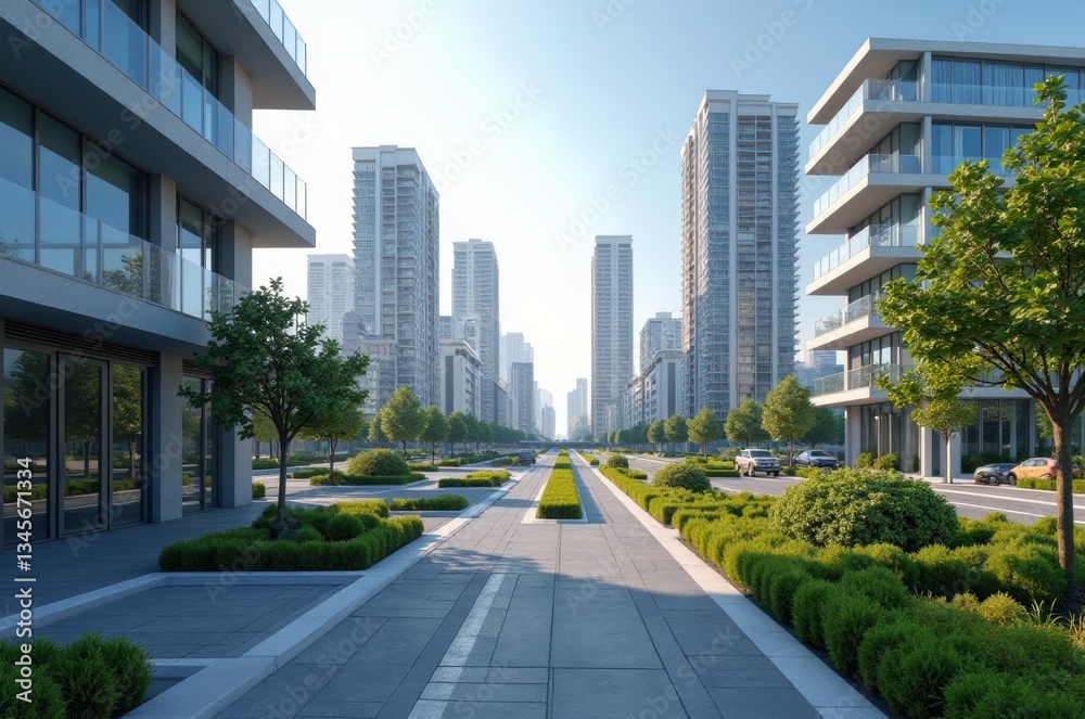 A serene urban oasis with modern buildings and lush greenery A serene urban oasis with modern buildings and lush greenery