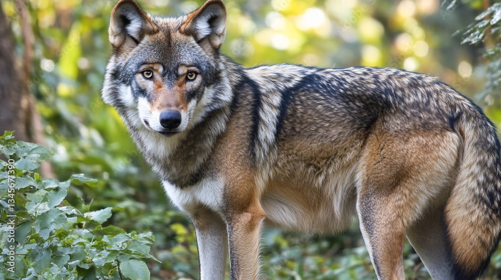 Obraz premium Red wolf standing in forest, alert, autumn foliage background, wildlife conservation