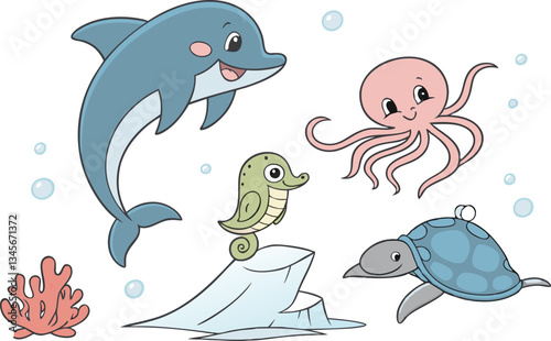 Cartoon illustration of a dolphin octopus seahorse turtle and coral on a white background