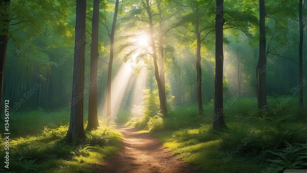 Obraz premium A serene forest scene featuring a pathway lined with tall trees,