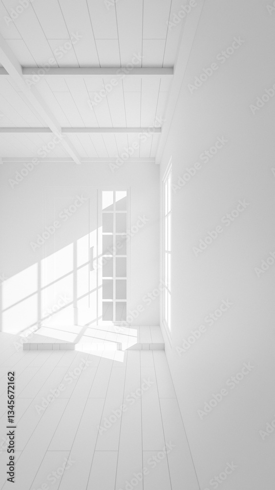 Fototapeta premium Japanese style room with a wooden door and windows. The room is empty and has a simple design. The sunlight coming in through the windows creates a warm and inviting atmosphere premium photo 3d render