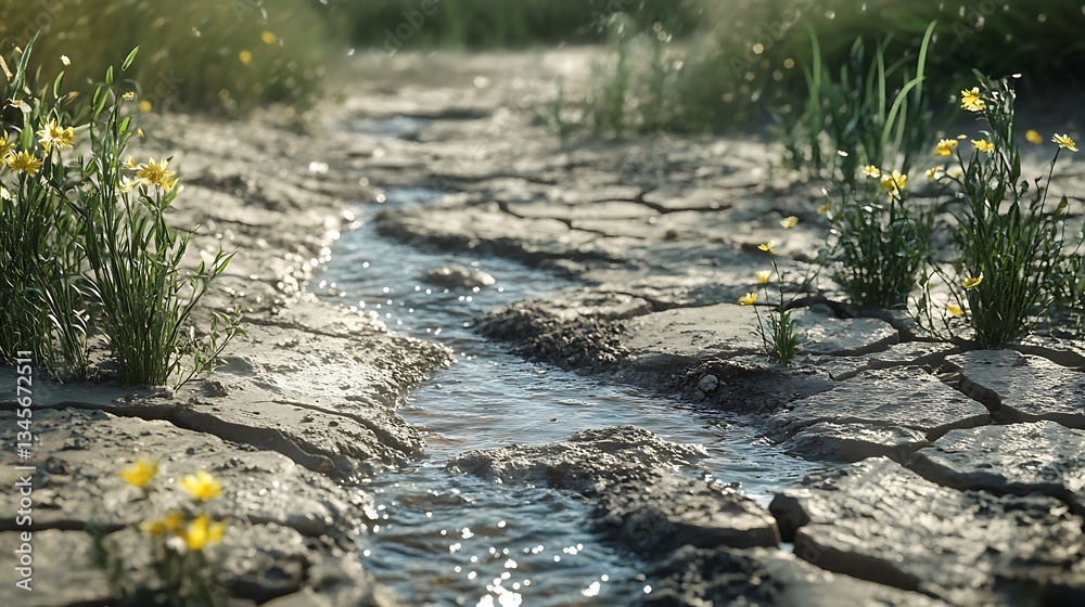 Fototapeta premium A dry riverbed suddenly coming back to life as the first rain of the season cascades down, filling the cracks with glistening water. Plants begin to bloom along the edges,