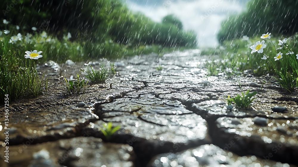 Fototapeta premium A dry riverbed suddenly coming back to life as the first rain of the season cascades down, filling the cracks with glistening water. Plants begin to bloom along the edges,