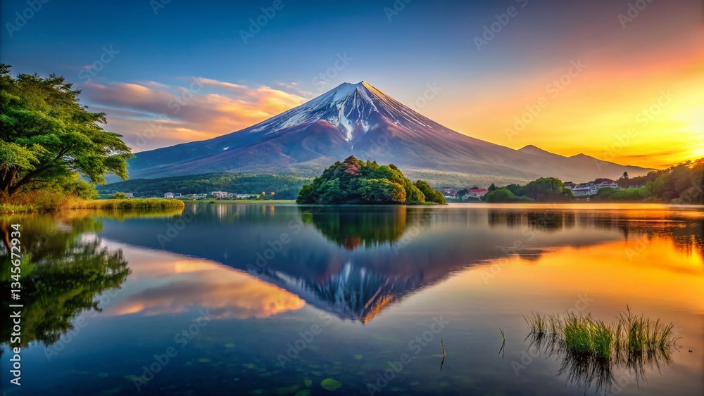 Majestic Mount Fuji Landscape: Sunrise Over Iconic Japanese Peak Majestic Mount Fuji Landscape: Sunrise Over Iconic Japanese Peak