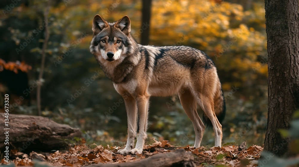 Red wolf standing in autumn forest, alert, wildlife conservation Red wolf standing in autumn forest, alert, wildlife conservation