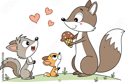 Cartoon illustration of three squirrels with hearts and a mushroom ice cream cone on a white background