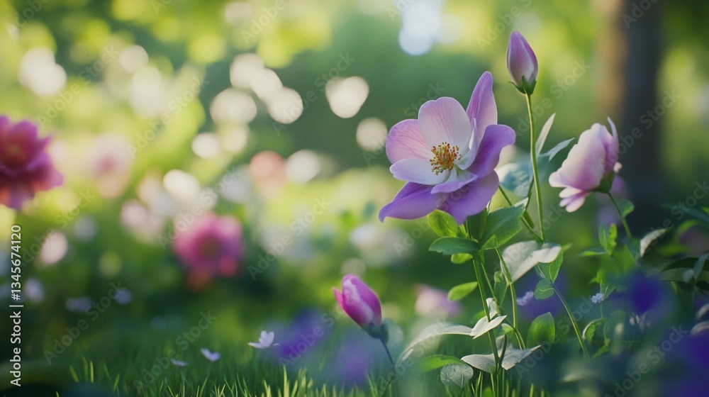 Obraz premium Blooming pink flowers sunrise garden backdrop
