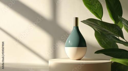 Teal perfume bottle on pedestal, sunlight, plants photo