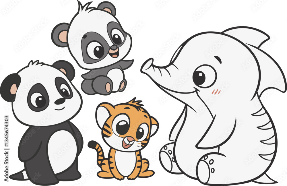 Illustration of four cartoon animals including two pandas a tiger and an elephant all smiling Illustration of four cartoon animals including two pandas a tiger and an elephant all smiling