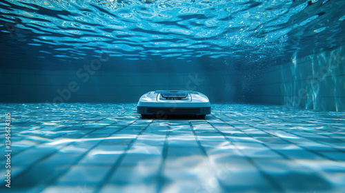 robotic pool cleaner methodically moves along tiled pool bottom, diligently scrubbing and maintaining cleanliness