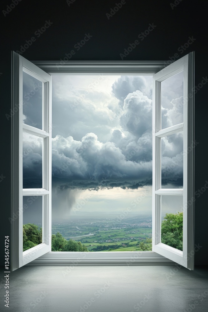 View from Open Window with Dark Storm Clouds and Rain in Distance View from Open Window with Dark Storm Clouds and Rain in Distance