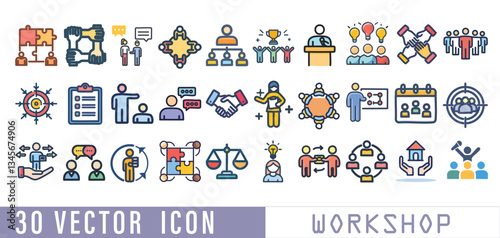 Workshop icon set. Collection of meeting, teamwork, seminar, team building and more. Vector illustration isolated on white. Editable stroke.