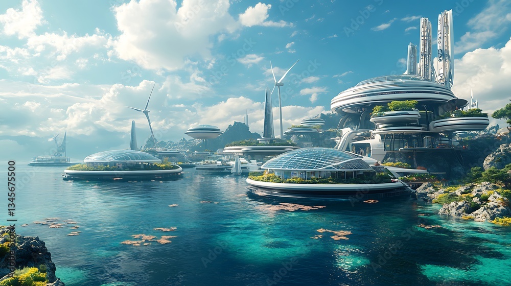 Obraz premium A beautiful solar-powered floating city on the ocean, surrounded by marine life, featuring circular buildings with rooftop gardens and massive wind turbines harnessing energy from the sea breeze.