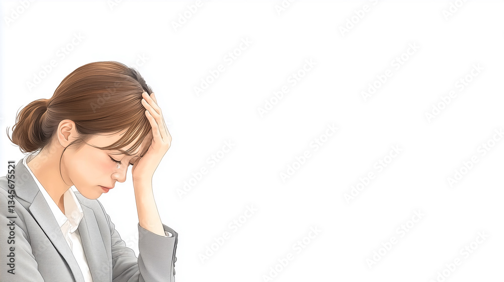 Elegant anime woman in business attire, teary eyes, emotionally drained expression Elegant anime woman in business attire, teary eyes, emotionally drained expression