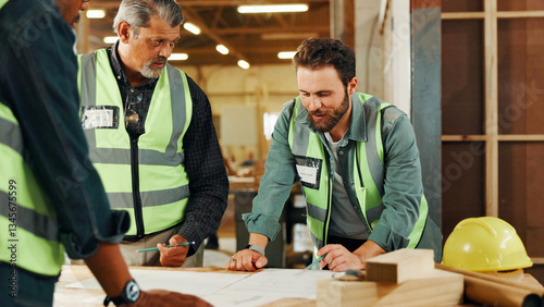 Carpentry, teamwork and men in workshop with documents for furniture, restoration and lumber manufacturing. Construction, meeting and carpenters planning with planks, timber and board for renovation