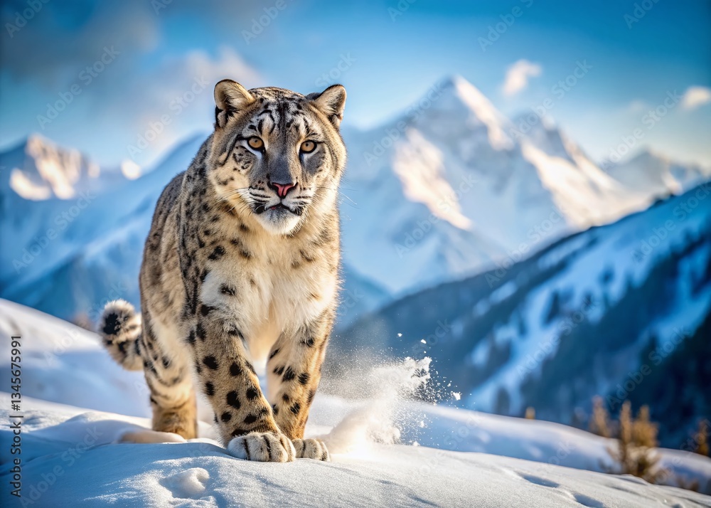 Obraz premium Majestic Snow Leopard in Winter Wonderland: A Candid Snow Scene