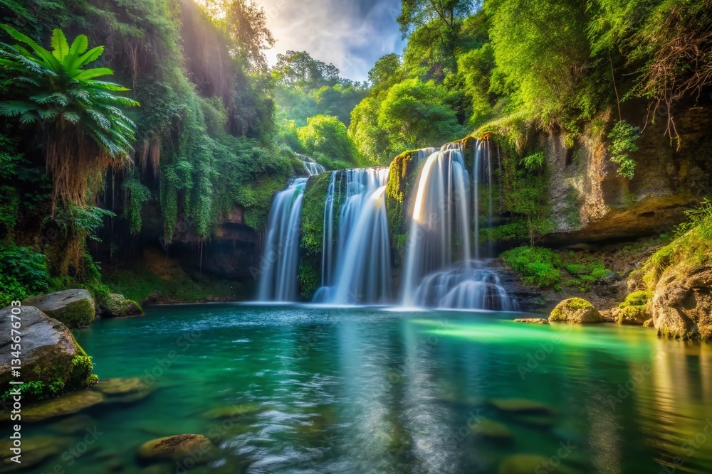 Fototapeta premium Majestic Waterfall Cascading Down Rocky Cliffs, High-Resolution Stock Photo