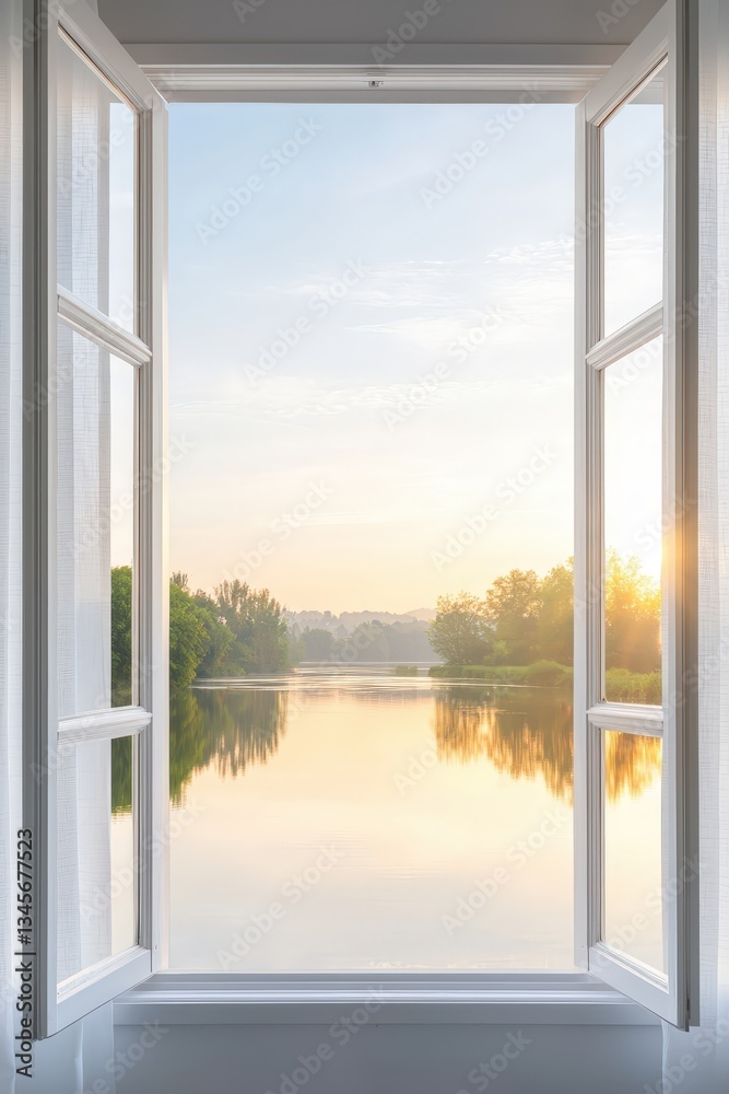 Fototapeta premium Serene Sunrise View Through Open Window Over Calm Water Landscape