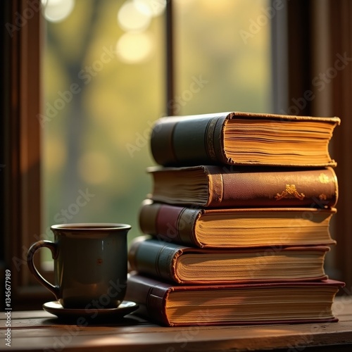 A stack of books and a cup on a wooden table photo