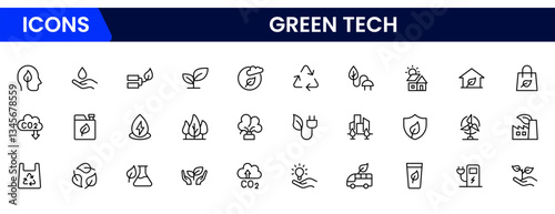 Green Tech & Sustainability vector icons for sustainability, solar, wind, clean power, green tech, net-zero, and eco solutions