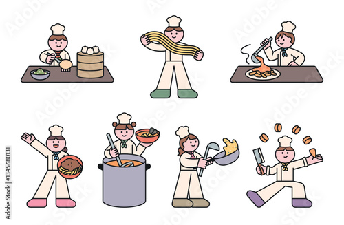A set of vector illustrations featuring cute chefs preparing various dishes, including dumplings, noodles, and soups. Perfect for food-related content, restaurants, and culinary designs.