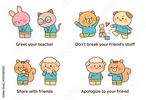 A cute vector illustration of kindergarten animal characters learning good manners and classroom rules, such as greeting, sharing, and apologizing. Perfect for children's education and social skills 
