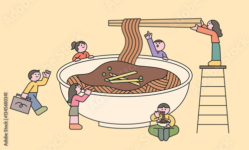 A creative vector illustration featuring tiny people interacting with a giant bowl of noodles with sauce. Perfect for food-related content, restaurants, and playful culinary designs.