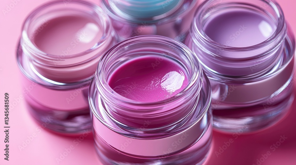 Close-up of Four Jars of Pastel-Colored Lip Balm or Cream Close-up of Four Jars of Pastel-Colored Lip Balm or Cream