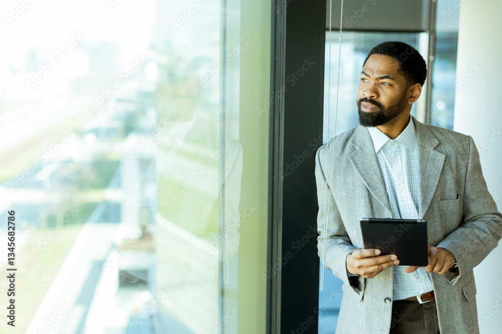 Fototapeta premium Professional man contemplating future while holding tablet in modern office setting