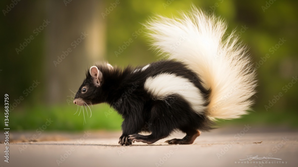 Adorable Striped Skunk Kit Running on a Path Adorable Striped Skunk Kit Running on a Path