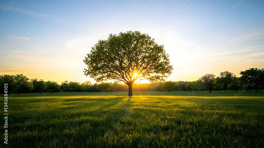Fototapeta premium Single Tree Silhouetted Against a Sunset with Golden Sunlight Illuminating a Green Field of Grass