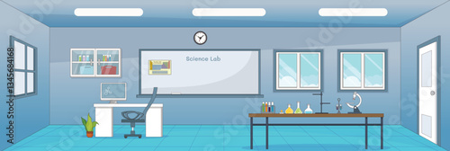 Cute and nice design of science laboratory with furniture and interior objects vector design