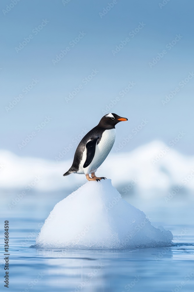 Fototapeta premium Gentoo Penguin Standing on Iceberg in Calm Antarctic Waters