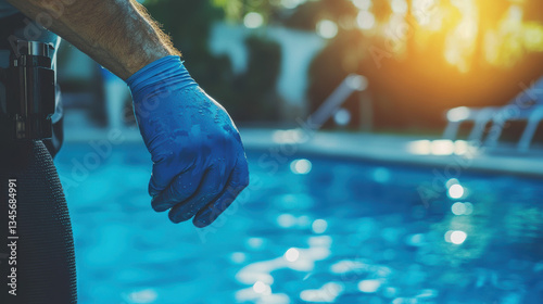 Worker adjusting chlorine level in pool. Over shoulder shot, worker seems to be very diligent and careful