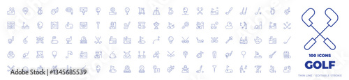 100 Golf Icons Collection. Thin line icon. Editable stroke. hole, flag, golfer, player, iron, bunker, water, golf, golf ball, golf course, golf field, golf hole