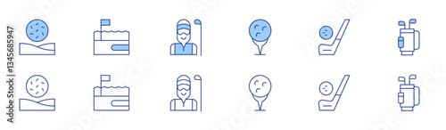 Golf icon set in two styles, Duotone and Thin Line style. Editable stroke. bunker, golf field, golf caddy, tee, golf, golf bag