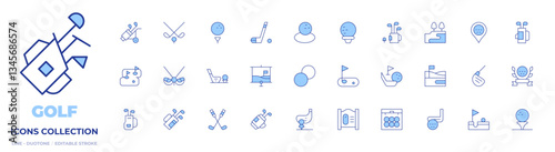 Golf icons collection. Line Duotone style, editable stroke. golf, golf ball, golf course, golf stick, golf bag, iron, golf field, map, golf clubs, badge